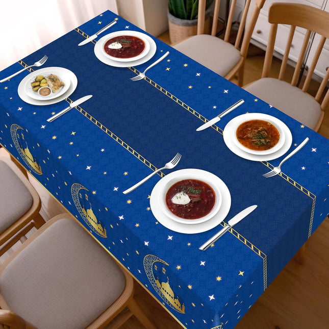 3-Pack Ramadan Tablecloths – Blue Plastic Disposable Eid Mubarak Table Covers
