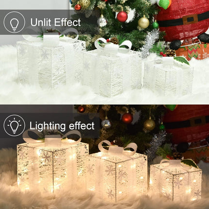 3 Pack Lighted Christmas Gift Boxes – Pre-lit Snowflake Ornament, Battery Operated
