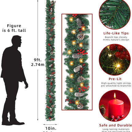 9FT Lighted Christmas Garland – Battery Operated with Pine Cones & Berries
