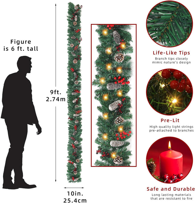 9FT Lighted Christmas Garland – Battery Operated with Pine Cones & Berries