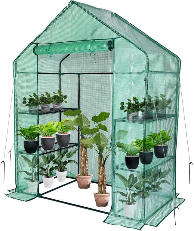 Portable Walk-In Greenhouse 56x30x76 Inch with 6 Shelves, Green PE Cover & Steel Frame