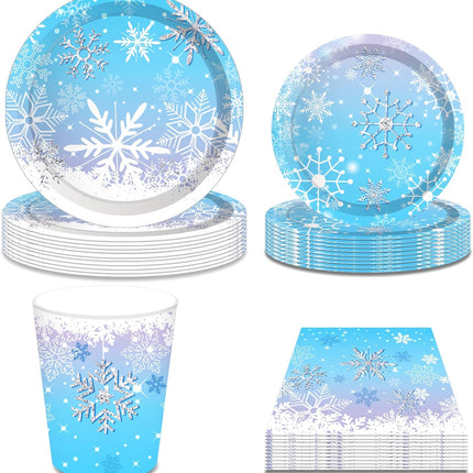 88pcs Snowflake Party Set – Blue Plates, Cups, Napkins for Winter & Christmas