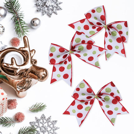 12pcs Red & Green Christmas Ribbon Bows – 6" Glitter Dot Cartoon Tree Décor
