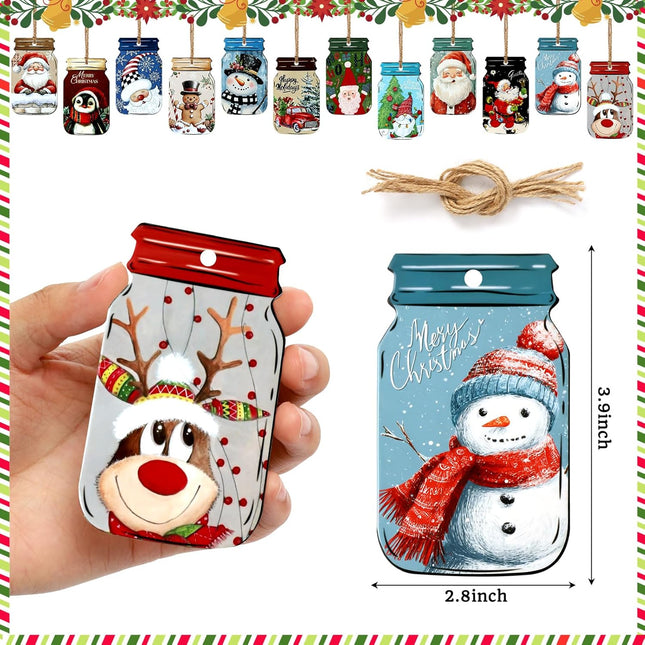 12PCS Christmas Mason Jar Decorations – Vintage Snowman, Santa & Gingerbread Tags