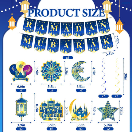 Ramadan Mubarak Decorations Set - Eid Mubarak Banner & Hanging Swirls for Home