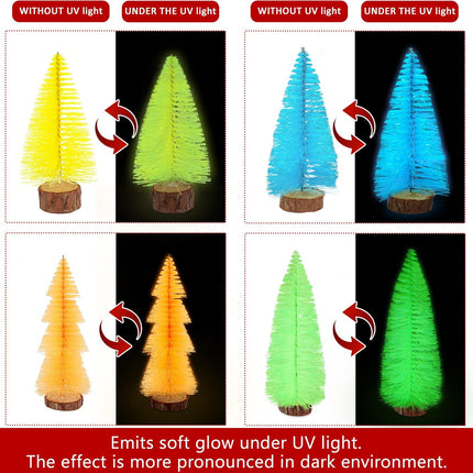 4pcs Mini Christmas Trees – Fluorescent Bottle Brush Trees with Wooden Base for Decor