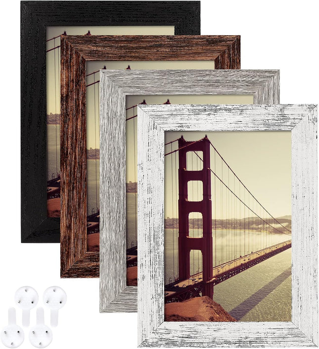 Set of 4 Distressed Farmhouse 4x6 Wood Picture Frames, Multicolor Wall Decor