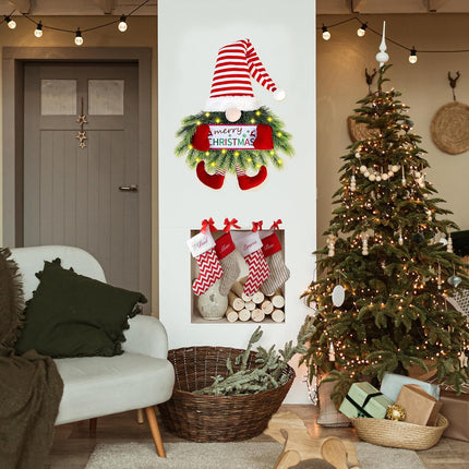 Christmas Wreath Gnome with Lights, Santa Gnome Hanging Sign for Front Door Decoration