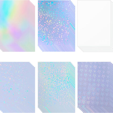 36 Sheets Holographic Sticker Paper, A4 Clear Waterproof Vinyl, 6 Styles for DIY Crafts