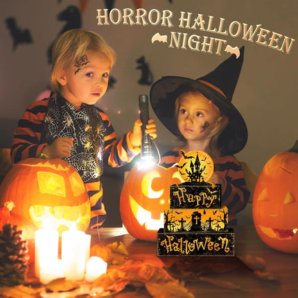 4-Piece Halloween Rustic Tiered Tray Decor Set, Wooden Full Moon Table Signs