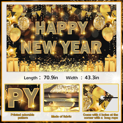 Happy New Year 2026 Backdrop – 71×44in Black & Gold Party Banner