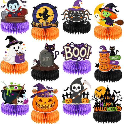 12-Piece Halloween Honeycomb Centerpieces, Pumpkin Ghost Witch Vampire Table Decor