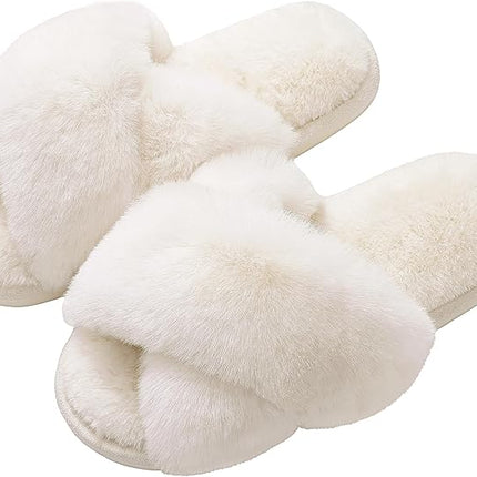 Women's Memory Foam Fuzzy House Slippers Faux Fur Cross Band Open Toe Indoor Shoes
