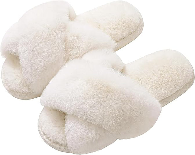 Women's Memory Foam Fuzzy House Slippers Faux Fur Cross Band Open Toe Indoor Shoes