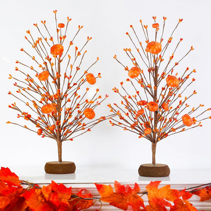 2-Pack 15" Orange Artificial Fall Trees with Pumpkins & Berries – Thanksgiving Décor