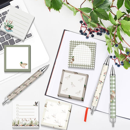 18 Pcs Stationery Set – 12 Aesthetic Pens, 6 Sticky Notes, Mallard Duck Design