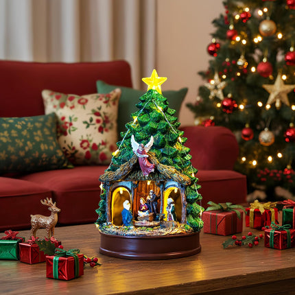 Christmas Nativity Scene – Lighted & Animated Manger with LED Musical Angel Family Figurines