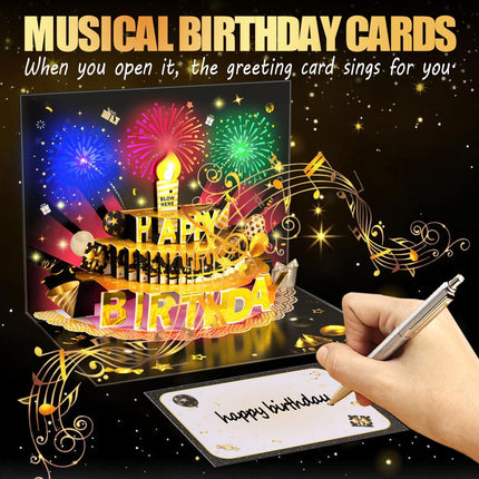3D Pop-Up Birthday Card for Men, LED Lights, Music, Balloons & Blowable Candle