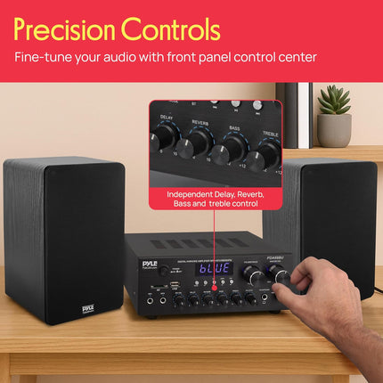 Bluetooth Stereo Receiver Amp, 2.0 Channel, USB/SD, FM, Mic Jack, Bass Control