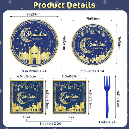 96 Pcs Ramadan Plates & Napkins Set – Blue Gold Eid Mubarak, Serves 24