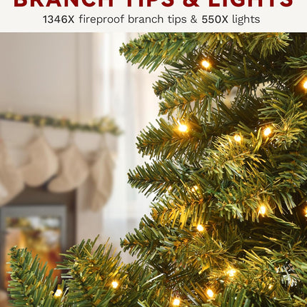 Prelit Christmas Tree 7.5ft – 550 LEDs, 1450 Tips, Remote, Hinged Metal Frame