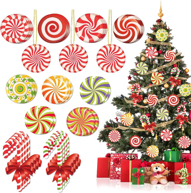 33 Christmas Tree Ornaments, Colorful Candy Canes, Lollipops, and Peppermint Decorations