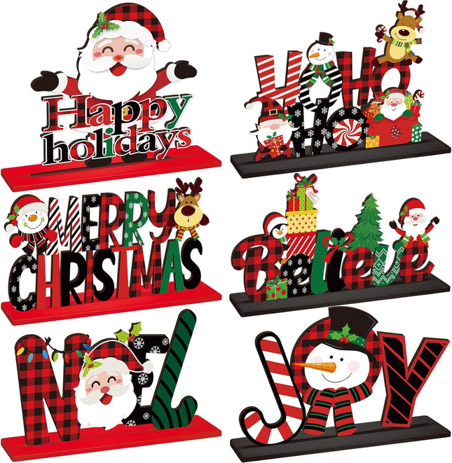 6PCS Christmas Table Decorations, Wooden Snowman, Santa, Reindeer Centerpieces