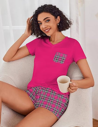 Womens Pajama Set Short Sleeve V Neck Lounge Sleepwear XS-XXL