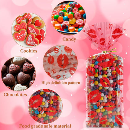 120 PCS Valentine’s Gift Bags: Heart Kiss Cellophane Candy Treat Bags for Kids