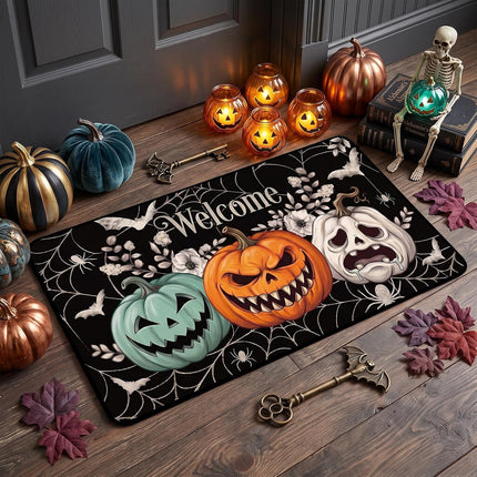 Halloween Welcome Door Mat 17x29in, Non-Slip Spooky Pumpkin Absorbent Rug