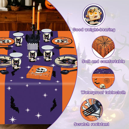 145-Piece Halloween Tableware Set, Black Cat Skull Plates, Cups, Napkins & Tablecloth