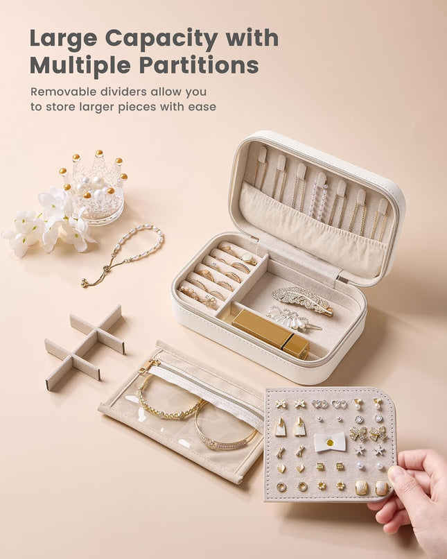 Travel Jewelry Case for Women – Small Portable Organizer for Necklace & Earrings (Beige)