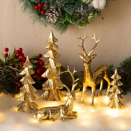 5Pcs Gold Reindeer & Christmas Tree Statue Set – Tabletop Holiday Decor (Gold/Silver)