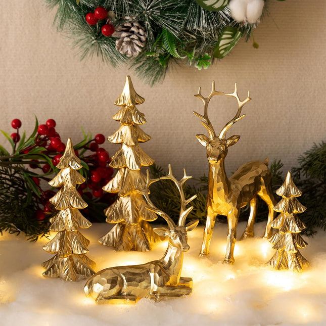 5Pcs Gold Reindeer & Christmas Tree Statue Set – Tabletop Holiday Decor (Gold/Silver)