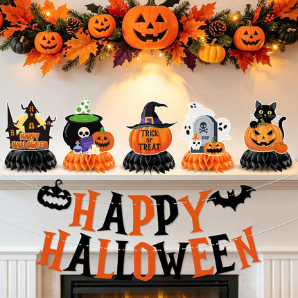 Happy Halloween Decorations Set, Banner & Honeycomb Pumpkin Ghost Witch Centerpieces