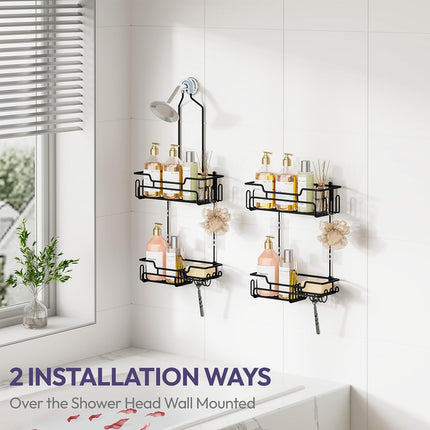 Black Stainless Steel Hanging Shower Caddy 2-Tier Rack with 14 Hooks and Soap Dish