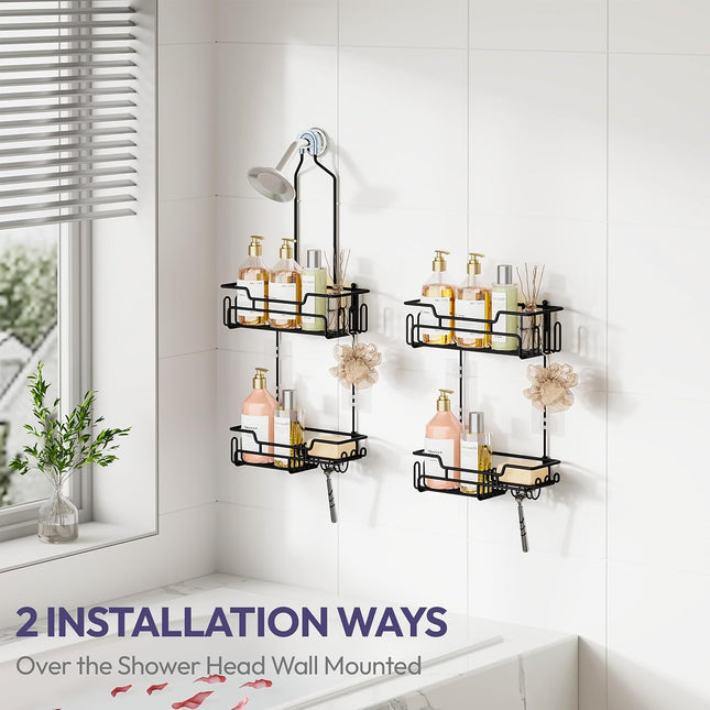 Black Stainless Steel Hanging Shower Caddy 2-Tier Rack with 14 Hooks and Soap Dish