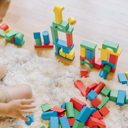 100pc Wooden Building Blocks Set with 9 Shapes & 4 Colors for Toddlers