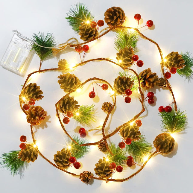 6.5FT Pine Cone Christmas Garland, 20LED Battery Operated String Lights for Festive Decor