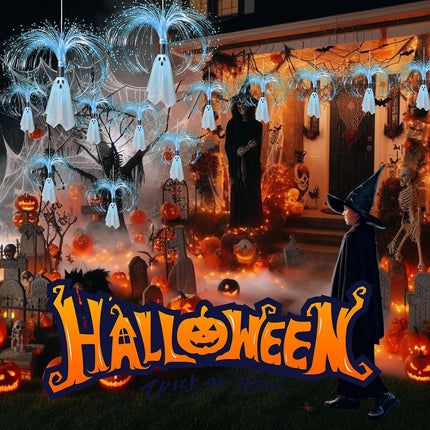 2-Pack 2FT Solar Fiber Optic Ghost Lights, Cool White Hanging Halloween Yard Decor
