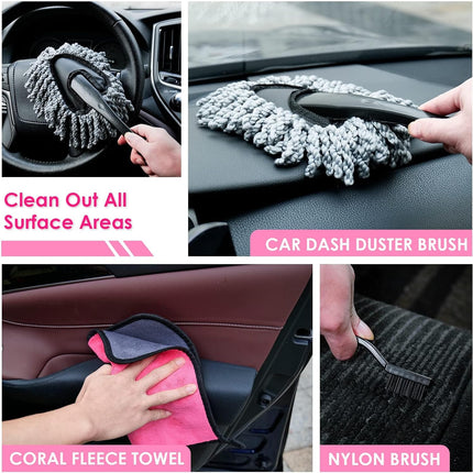 17Pcs Pink Car Interior Cleaning Kit Windshield Cleaner Detailing Brushes Gel Accessories