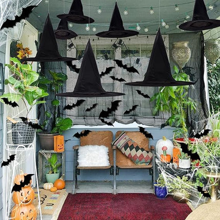 12-Piece Halloween Witch Hat Decor Set, 16 3D Bats, Spider Web & Creepy Cloth