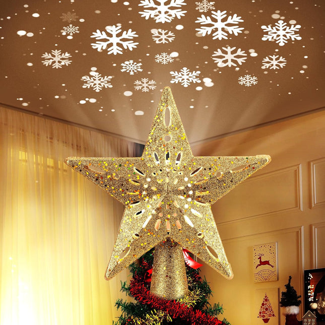 Christmas Tree Star Topper with Built-In LED Snowflake Projector, Plug-In Design
