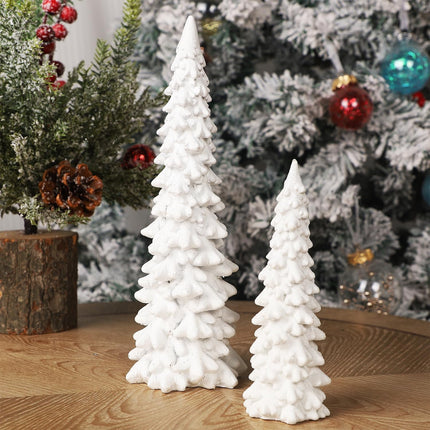 Winter Snow Resin Christmas Trees, Set of 2 White Glittered Tabletop Decor