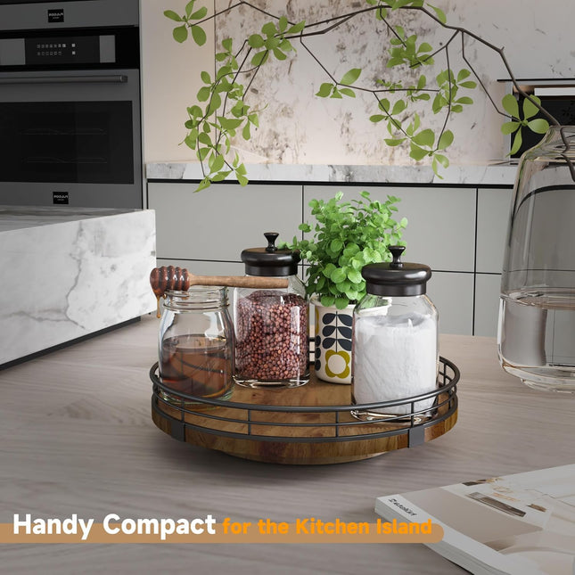 9" Farmhouse Oak Lazy Susan – Round Wooden Turntable for Kitchen & Dining Table Storage