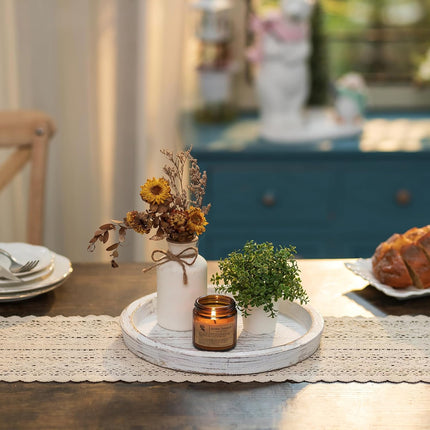 Round White Wood Candle Tray – Rustic Farmhouse Decor for Coffee Table & Home