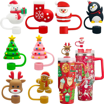 8PCS Christmas Straw Toppers – 3D Santa & Tree Silicone Caps for Stanley Tumblers