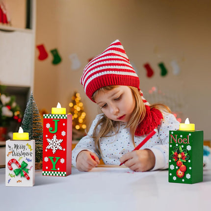 3 PCS Wood Candle Holders with LED Tea Lights, 3D Carved Xmas Centerpieces