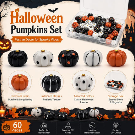 60-Piece Mini Resin Pumpkins with Box, Orange Black White Tabletop Fall Decor