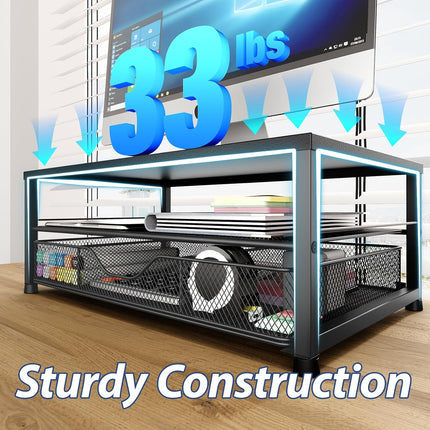 2-Tier Desk Organizer – Monitor Stand Riser with Drawer & Pen Holders, Black